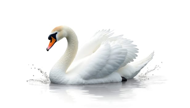 A majestic white swan is gliding smoothly across a tranquil body of water, creating soft splashes as it moves. Its feathers are pristine and the atmosphere is peaceful.