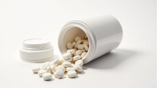 A white container tipped over reveals a scattering of white pills on a clean surface. The light enhances the simplicity and clarity of the arrangement, emphasizing the medication.