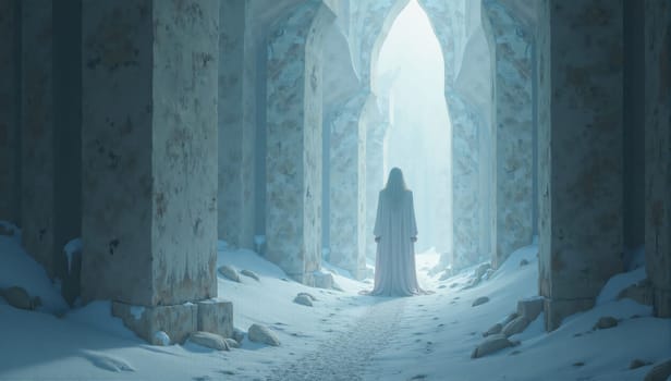 A figure dressed in a flowing white robe navigates through a snowy pathway lined with towering, frosty arches, illuminated by soft, glowing light.