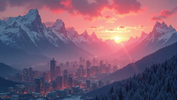 A breathtaking sunset illuminates the sky above a mountainous city, casting vibrant colors over the skyline and creating a tranquil atmosphere at dusk.