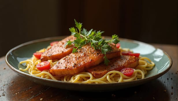 A savory plate of spaghetti topped with tender salmon slices and fresh cherry tomatoes sits on a rustic wooden table, decorated with sprigs of parsley, creating a vibrant, appetizing meal.