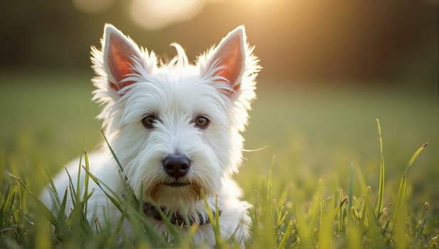A white terrier dog lies calmly in a grassy field at sunset, basking in the warm glow of the light. The dog's attentive gaze and relaxed posture capture the peaceful moment.