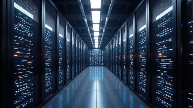 Rows of advanced server racks line a cutting-edge facility. Bright LED lights illuminate the corridor, creating a futuristic atmosphere in a data storage environment.