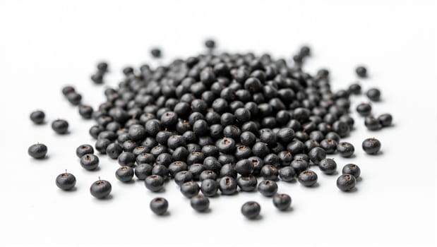 A large pile of black berries is spread across a white surface, highlighting their deep color and unique texture. The arrangement emphasizes the natural shape and sheen of each berry.