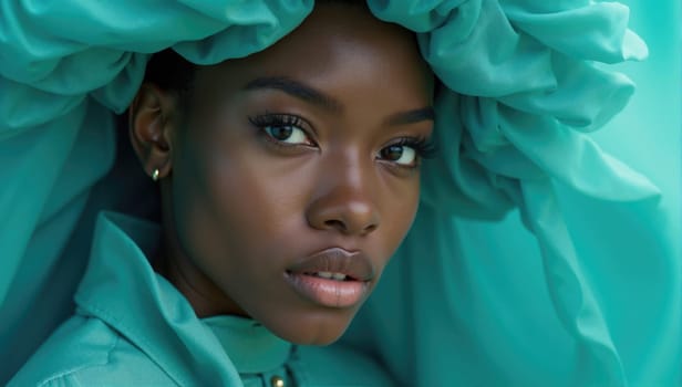 A woman poses gracefully, showcasing her striking features beneath a large, fluffy turquoise headpiece. Her outfit matches the headpiece, creating a cohesive look.