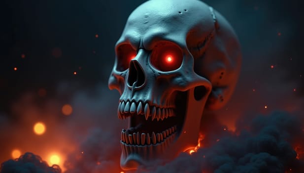 A detailed skull with glowing red eyes is surrounded by dark smoke and fiery lights, creating a haunting and mystical atmosphere in a fantasy setting.