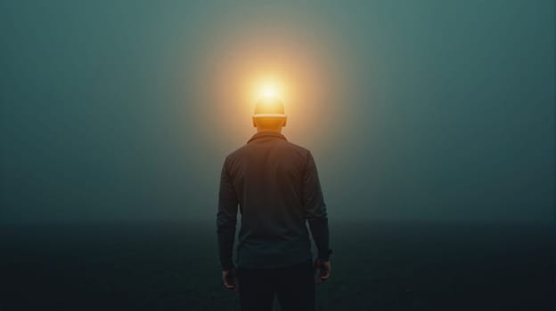 A person stands still in a foggy environment, with a bright light emanating from above their head, creating an otherworldly atmosphere. The scene evokes a sense of mystery and introspection.
