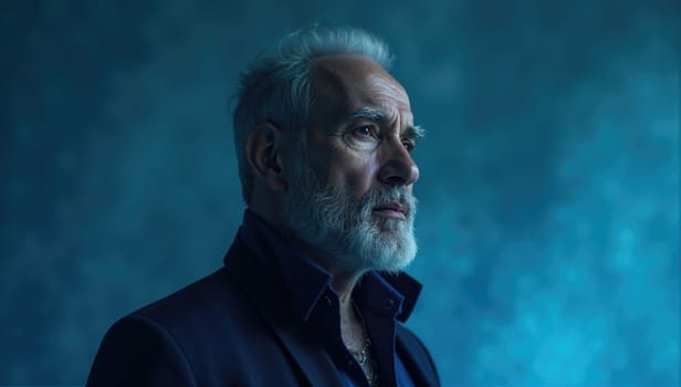 An elderly man stands in profile with a silver beard, wearing a dark coat, illuminated by soft blue light that enhances his features and expression, conveying wisdom and experience.