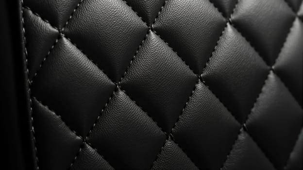 Close-up of a diamond quilted black leather surface that highlights the intricate design and quality of the material, emphasizing its durability and luxurious appearance.
