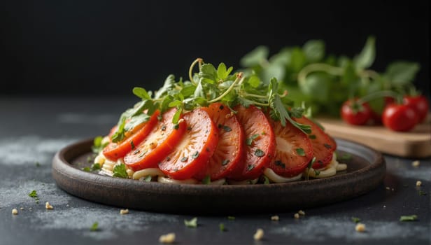 Freshly sliced tomatoes are artfully arranged on a dark plate, topped with vibrant greens and accompanied by cherry tomatoes, showcasing a healthy meal preparation in a kitchen.