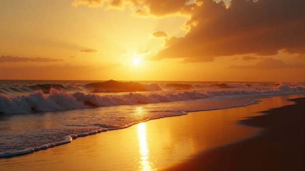 Waves softly lap against the shore as the sun sets, painting the sky orange and gold. The tranquil beach offers a peaceful escape from daily life.