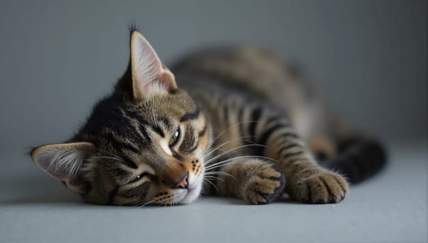 A striped cat lies peacefully on a soft surface, eyes half-closed, enjoying a moment of relaxation in a calm indoor environment filled with natural light.