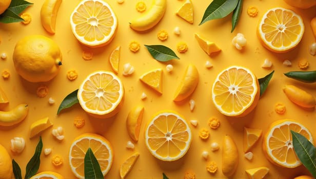 Bright yellow background is filled with fresh lemons and ripe bananas arranged in an artistic pattern, showcasing their vibrant colors and textures. Perfect for summer themes.