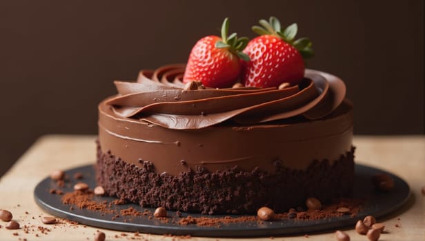 A rich chocolate cake sits on a dark surface, adorned with smooth frosting and fresh strawberries, surrounded by cocoa powder and coffee beans.
