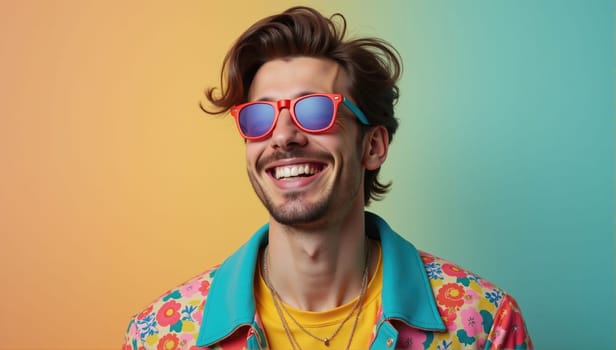 A young man stands smiling, wearing bright sunglasses and a floral patterned jacket, enjoying a lively atmosphere created by a colorful background.