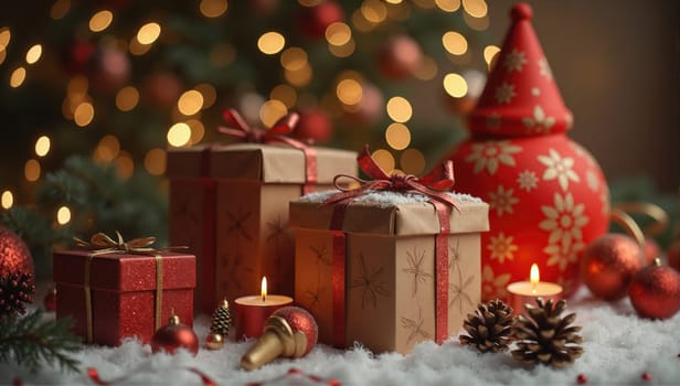 Wrapped gifts in various sizes sit on a snowy surface, surrounded by pinecones and warm candles. A red festive decoration and twinkling lights create a joyful atmosphere.