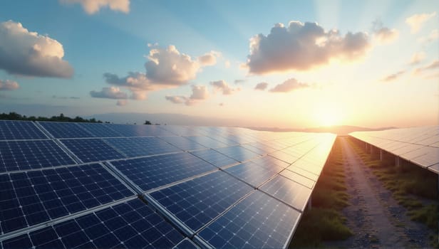 Rows of solar panels glisten under the early morning sun as a new day begins. The serene landscape showcases a commitment to renewable energy and environmental sustainability.
