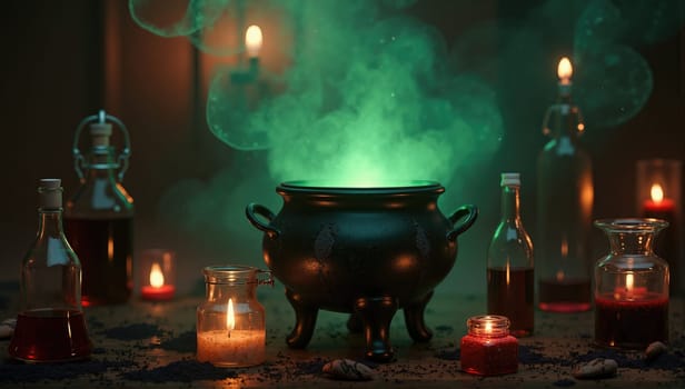 A bubbling cauldron emits green mist, surrounded by flickering candles and various potion bottles. The dimly lit environment creates an enchanting atmosphere, perfect for a spell.