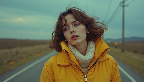 A young woman strolls down an empty road surrounded by vast fields under overcast skies. She wears a bright yellow jacket and appears contemplative and serene.