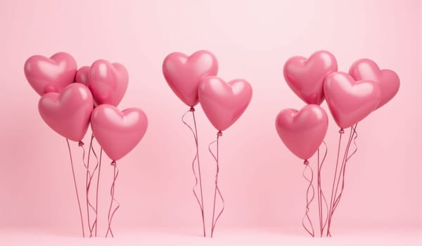 Bunches of pink heart-shaped balloons stand tall against a soft pink background, creating a cheerful ambiance perfect for events like Valentine's Day or anniversaries.