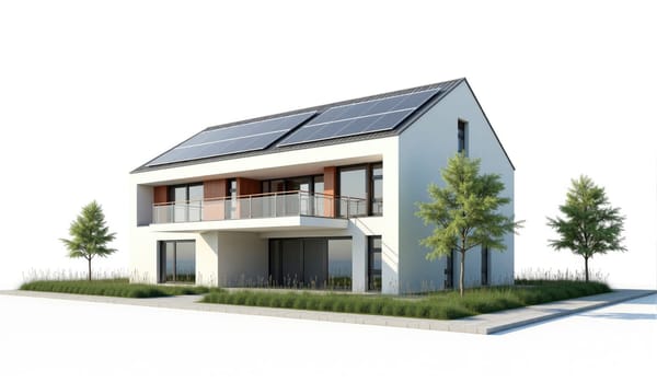 A contemporary two-story house featuring solar panels on the roof, large windows, and a spacious balcony, set in a green environment with grass and trees.