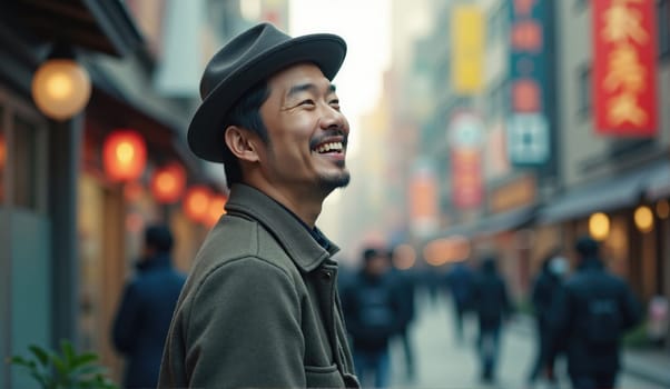 A man wearing a hat smiles as he strolls through a lively street adorned with colorful lanterns. The bustling urban environment is filled with people going about their day.