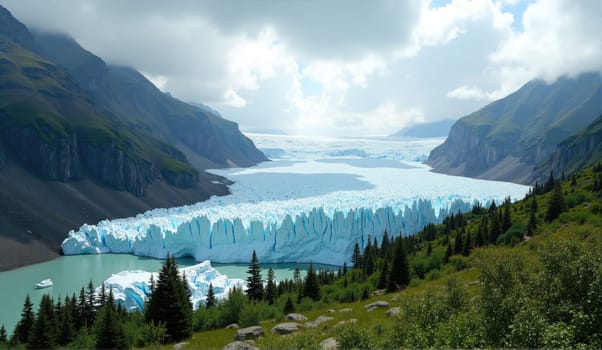A stunning glacial landscape features a vibrant turquoise lake reflecting a towering glacier. Surrounding mountains rise majestically, covered in lush green forests, under a bright blue sky.