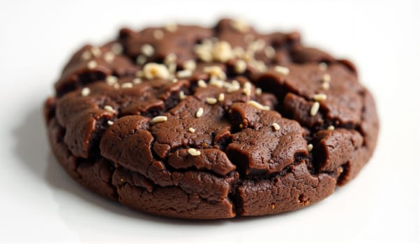 A freshly baked chocolate cookie sits on a white plate, showcasing a cracked surface and sprinkled sesame seeds. The cozy kitchen ambiance enhances its appetizing appeal.