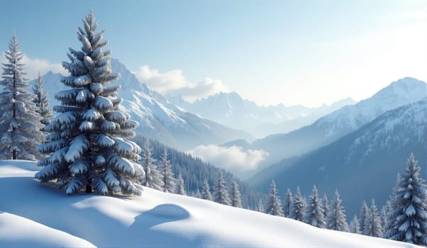 A serene winter landscape showcases tall evergreen trees blanketed in snow, with majestic mountains in the background and a bright, clear sky above, creating a peaceful atmosphere.