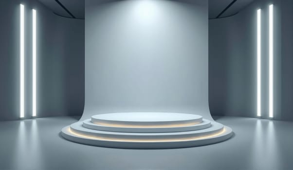 A spacious exhibition area features a circular stage with soft lighting, surrounded by smooth walls and modern fluorescent lights, creating a versatile environment for events.