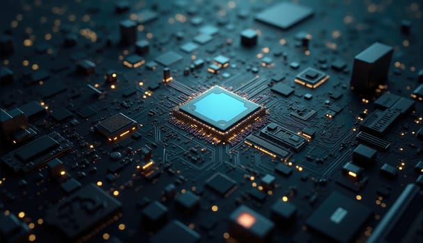 A close-up view of a microprocessor embedded in a circuit board reveals intricate electronic components surrounded by glowing lights, highlighting the complexity of technology.