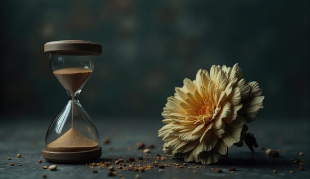 An hourglass filled with sand sits beside a dried flower on a dark textured surface. The warm tones create a serene atmosphere, suggesting the passage of time and nature's beauty.