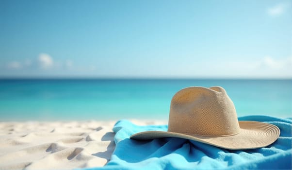 Bright sunlight illuminates a beautiful beach scene featuring a straw hat resting on a blue towel placed on the warm golden sand with the turquoise ocean in the background.