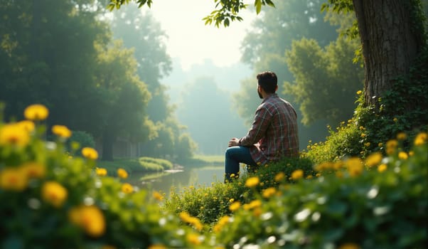A man sits quietly by a calm lake, immersed in nature. Surrounding him are vibrant yellow flowers and dense greenery, creating a tranquil atmosphere in the early morning light.