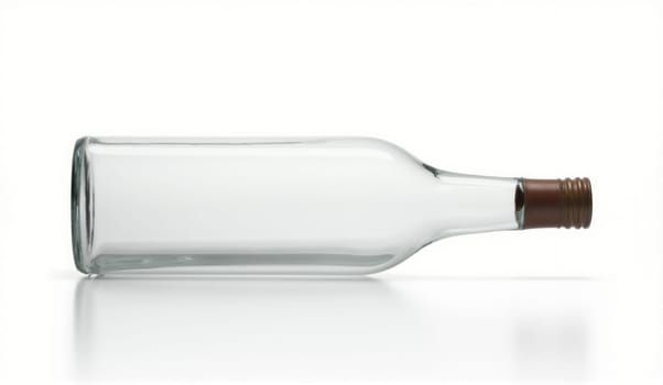 A clear glass bottle lies on its side on a reflective surface, emphasizing its shape and design. The bottle has a simple structure, showcasing transparency and elegance.