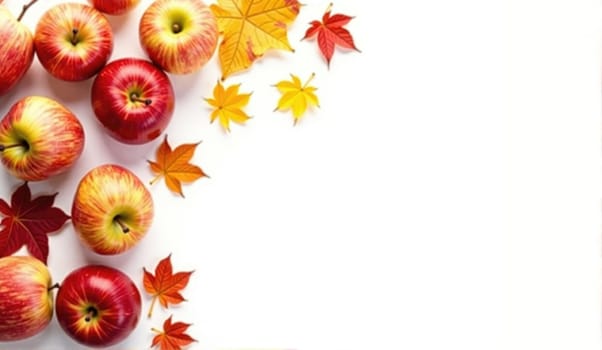 Red apples are beautifully organized alongside vibrant yellow and orange maple leaves against a clean white background, showcasing the essence of fall.