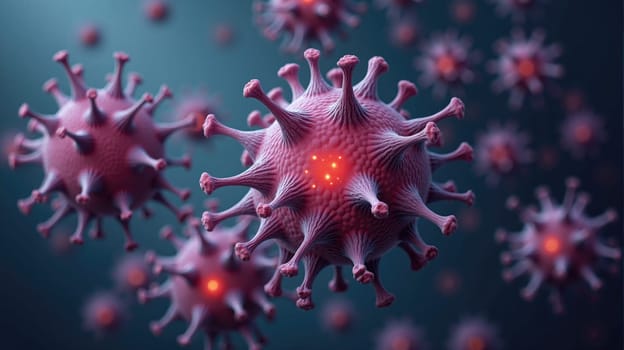 Detailed representation of virus particles highlights their unique shape and features, illustrating their presence in a microscopic view. This image emphasizes the complexity of pathogens.