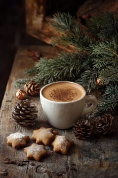 coffee cookies christmas tree branches on wooden table. Selective focus.