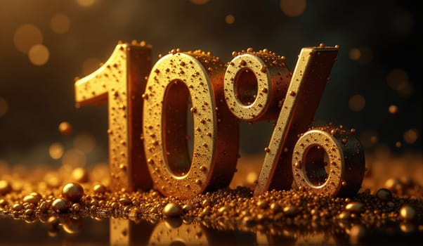 Sparkling golden numbers display 10 percent against a rich, glittering background. This visual highlights a promotional offer, evoking a sense of luxury and exclusivity, ideal for advertisements.