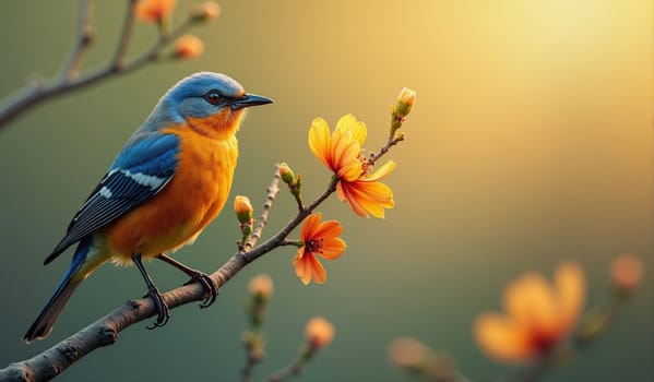 A colorful bird with blue and orange plumage sits on a branch adorned with delicate yellow flowers, illuminated by the warm glow of sunset in a serene natural setting.
