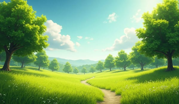 Vibrant green meadow showcases a winding path that leads through lush grass and trees under a clear blue sky with fluffy clouds, creating a tranquil outdoor escape.