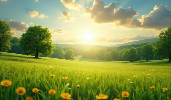 A vibrant sunrise casts warm light over a picturesque valley adorned with lush greenery and bright wildflowers. Tranquil trees line the landscape, enhancing the peaceful ambiance.