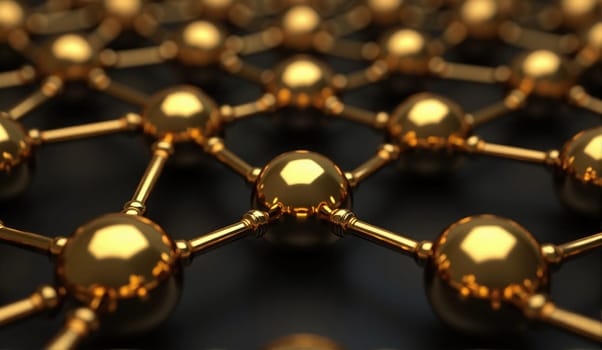 Metallic atoms connect through interlinking structures, creating a complex network. The shiny surface reflects light, showcasing the elegance of the design.