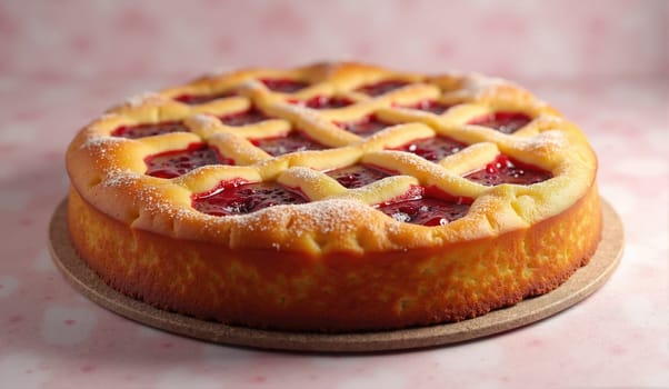 A freshly baked cherry pie sits on a wooden board, showcasing a golden lattice crust. The vibrant red filling bubbles beneath the crust, inviting a sweet treat after a meal.
