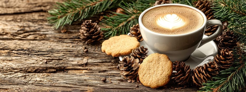 coffee cookies christmas tree branches on wooden table. Selective focus.