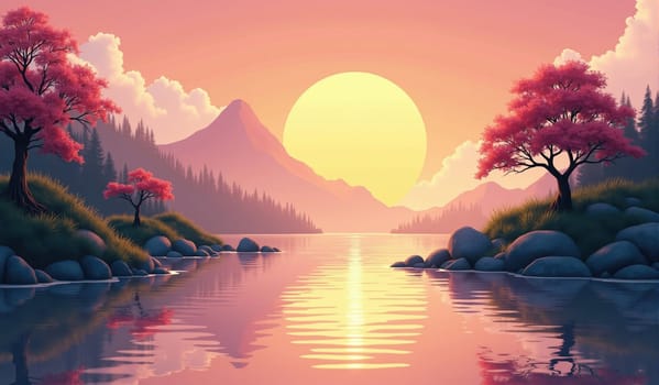 A tranquil lake reflects a vibrant sunset with shades of pink and orange. Silhouetted mountains and pink trees frame the water, creating a peaceful natural setting.