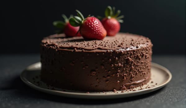 A rich chocolate cake is decorated with fresh strawberries, placed on a simple plate. The setting features warm, dim lighting that emphasizes the cake's textures.
