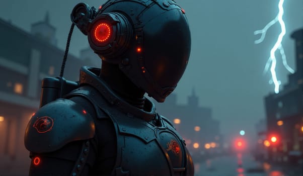 A humanoid robot is positioned against a backdrop of a neon-lit city during a thunderstorm. The figure features glowing red accents as lightning illuminates the surroundings.