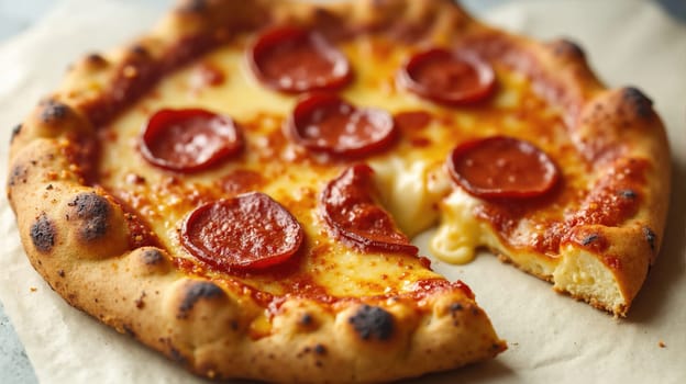 A freshly baked pepperoni pizza sits on a parchment paper, showcasing a golden crust, melted cheese, and slices of pepperoni. Perfect for a casual meal or gathering.
