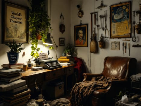 Vintage and cozy therapist's office with antique furniture, illuminated by a warm lamp, creating a relaxing and comfortable atmosphere. Ai generated